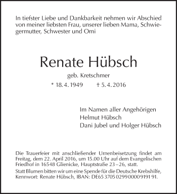 Traueranzeige von Renate Hübsch von Tagesspiegel