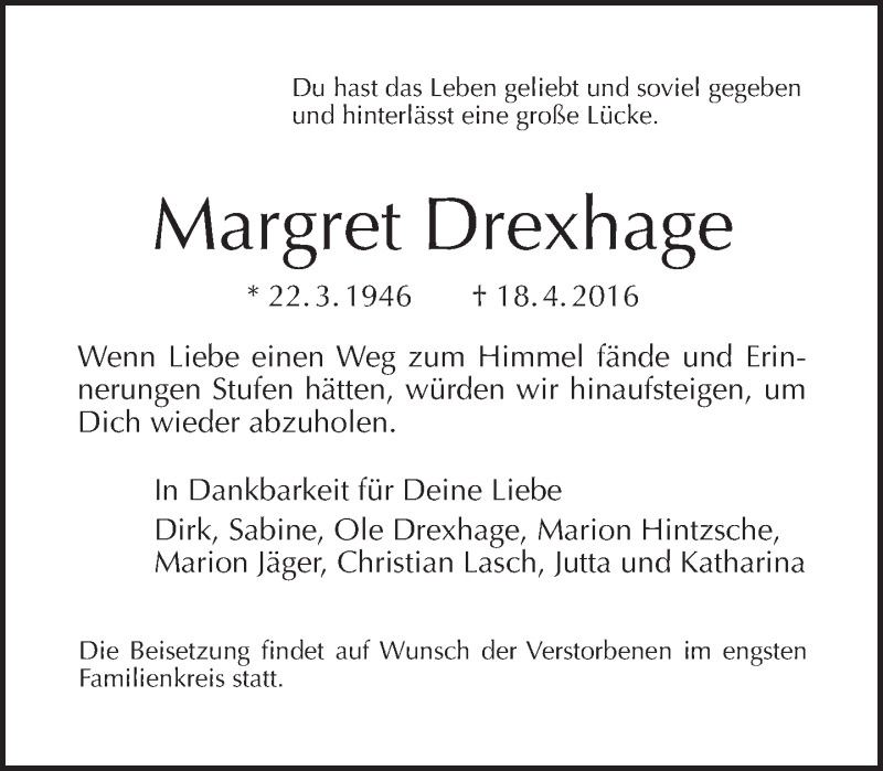  Traueranzeige für Margret Drexhage vom 24.04.2016 aus Tagesspiegel