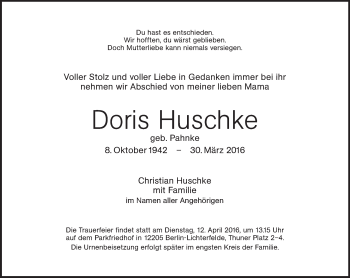 Traueranzeige von Doris Huschke von Tagesspiegel