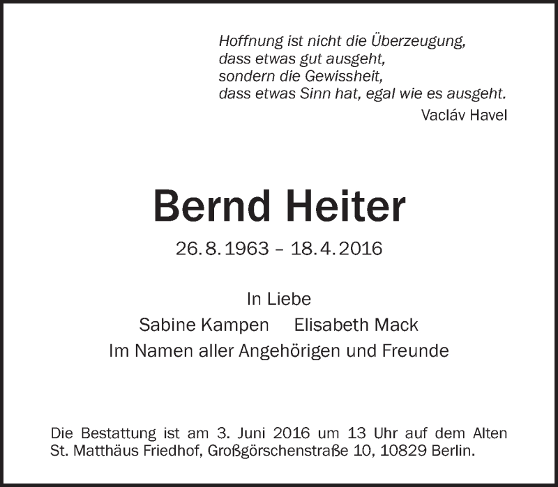  Traueranzeige für Bernd Heiter vom 01.05.2016 aus Tagesspiegel