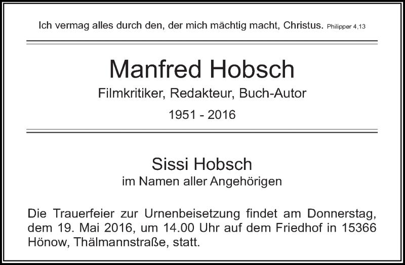  Traueranzeige für Manfred Hobsch vom 24.04.2016 aus Tagesspiegel
