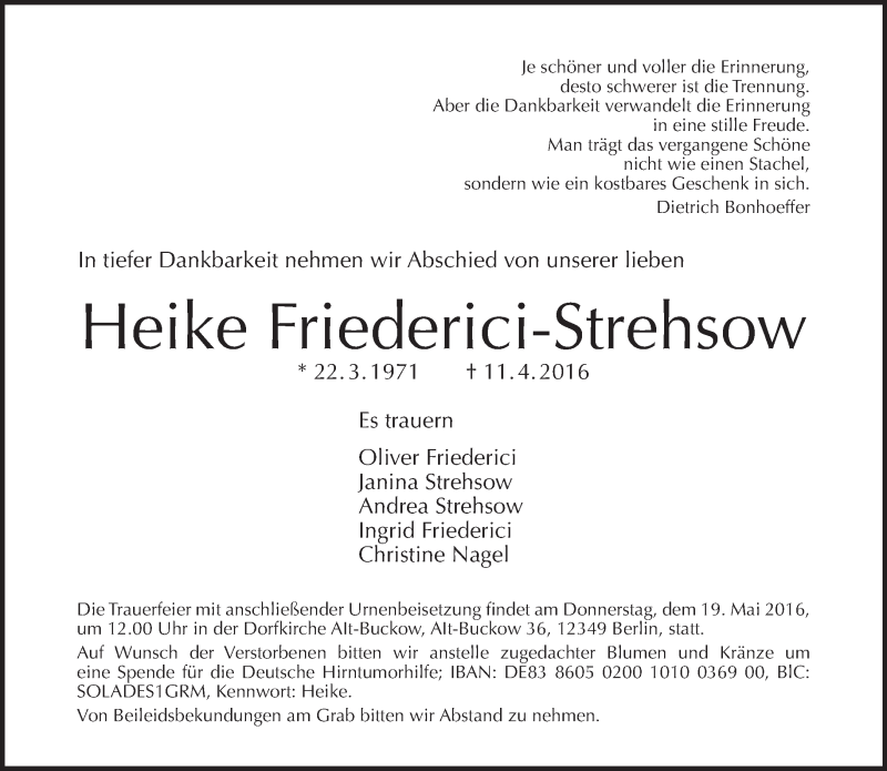  Traueranzeige für Heike Friederici-Strehsow vom 24.04.2016 aus Tagesspiegel