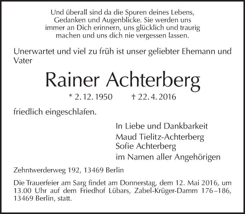  Traueranzeige für Rainer Achterberg vom 01.05.2016 aus Tagesspiegel