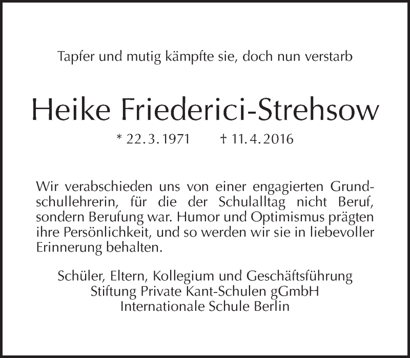  Traueranzeige für Heike Friederici-Strehsow vom 17.04.2016 aus Tagesspiegel