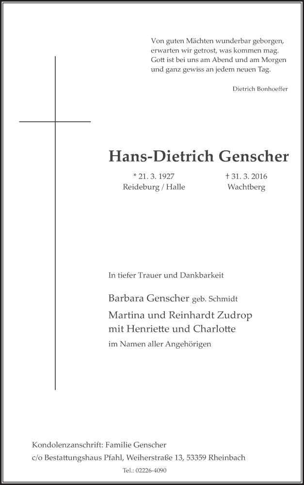  Traueranzeige für Hans-Dietrich Genscher vom 05.04.2016 aus Tagesspiegel