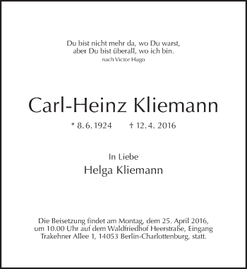 Traueranzeige von Carl-Heinz Kliemann von Tagesspiegel