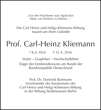 Traueranzeige von Carl-Heinz Kliemann von Tagesspiegel