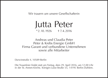 Traueranzeige von Jutta Peter von Tagesspiegel