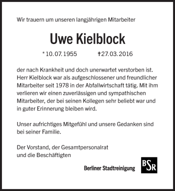 Traueranzeige von Uwe Kielblock von Tagesspiegel