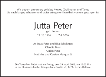 Traueranzeige von Jutta Peter von Tagesspiegel