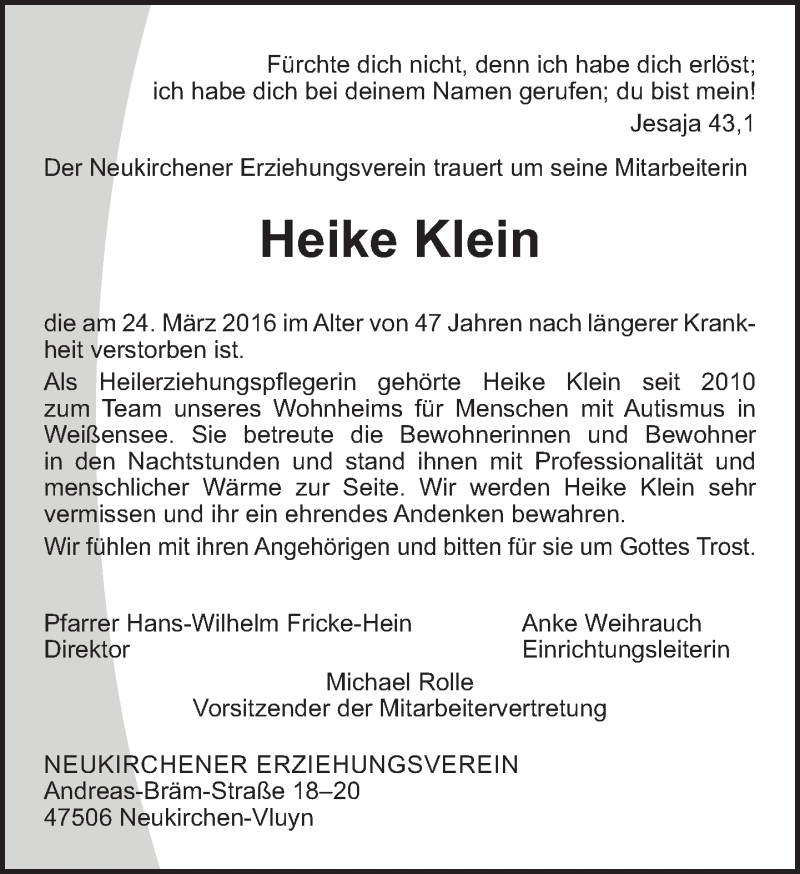  Traueranzeige für Heike Klein vom 07.04.2016 aus Tagesspiegel