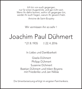 Traueranzeige von Joachim Paul Dühmert von Tagesspiegel