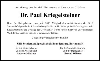 Traueranzeige von Paul Kriegelsteiner von Tagesspiegel