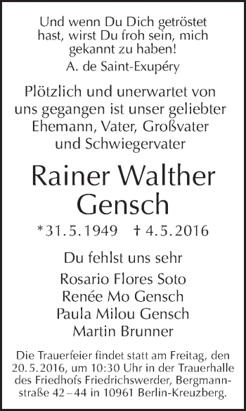 Traueranzeige von Rainer Walther Gensch von Tagesspiegel