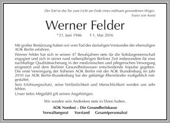 Traueranzeige von Werner Felder von Tagesspiegel