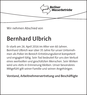 Traueranzeige von Bernhard Ulbrich von Tagesspiegel
