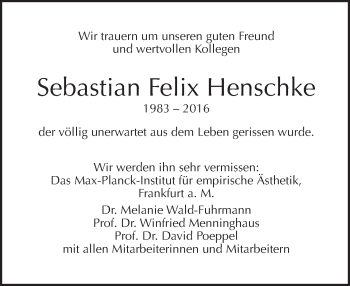 Traueranzeige von Sebastian Felix Henschke von Tagesspiegel