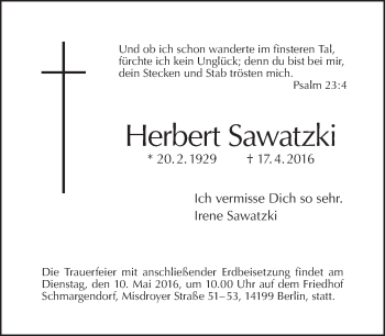 Traueranzeige von Herbert Sawatzki von Tagesspiegel