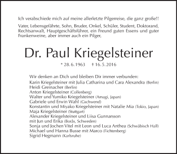 Traueranzeige von Paul Kriegelsteiner von Tagesspiegel