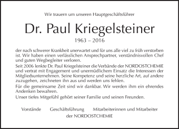 Traueranzeige von Paul Kriegelsteiner von Tagesspiegel