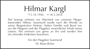 Traueranzeige von Hilmar Kargl von Tagesspiegel