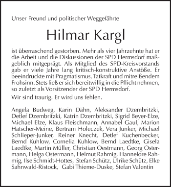 Traueranzeige von Hilmar Kargl von Tagesspiegel