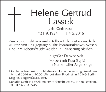 Traueranzeige von Helene Gertrud Lassek von Tagesspiegel