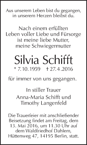 Traueranzeige von Silvia Schifft von Tagesspiegel