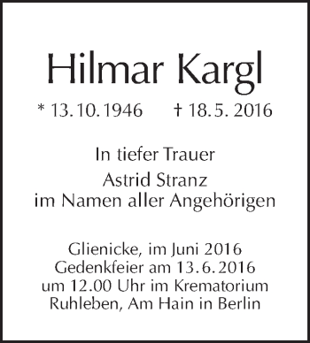 Traueranzeige von Hilmar Kargl von Tagesspiegel