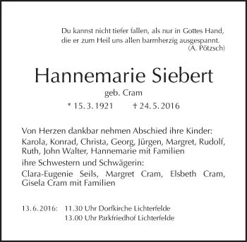 Traueranzeige von Hannemarie Siebert von Tagesspiegel