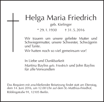 Traueranzeige von Helga Maria Friedrich von Tagesspiegel