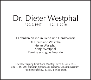 Traueranzeige von Dieter Westphal von Tagesspiegel