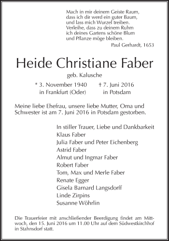 Traueranzeige von Heide Christiane Faber von Tagesspiegel