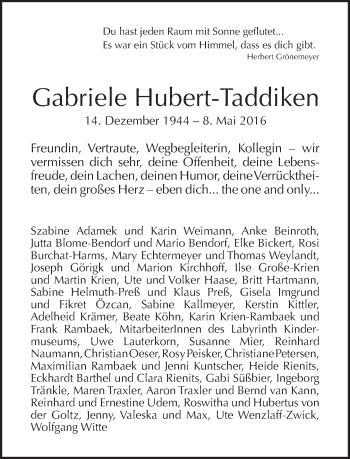 Traueranzeige von Gabriele Hubert-Taddiken von Tagesspiegel
