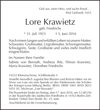 Traueranzeige von Lore Krawietz von Tagesspiegel