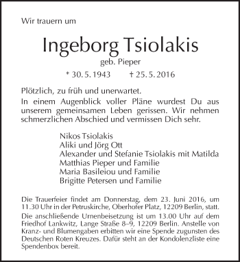 Traueranzeige von Ingeborg Tsiolakis von Tagesspiegel