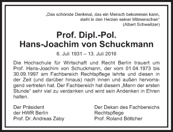 Traueranzeige von Hans-Joachim von Schuckmann von Tagesspiegel