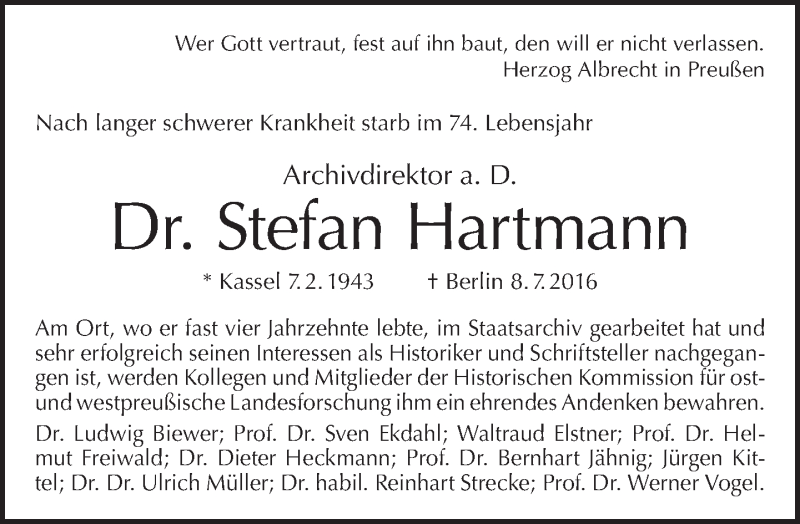  Traueranzeige für Stefan Hartmann vom 31.07.2016 aus Tagesspiegel