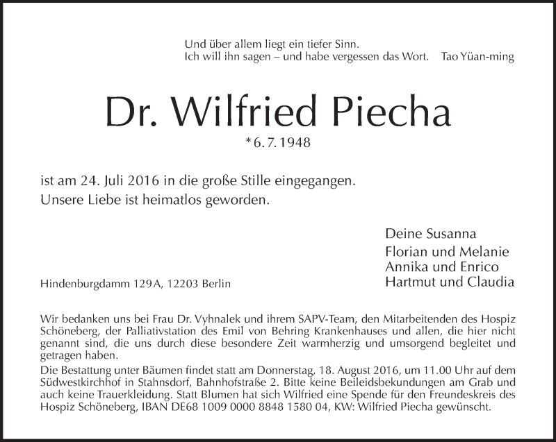  Traueranzeige für Wilfried Piecha vom 31.07.2016 aus Tagesspiegel