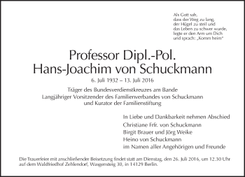 Traueranzeige von Hans-Joachim von Schuckmann von Tagesspiegel
