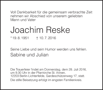 Traueranzeige von Joachim Reske von Tagesspiegel