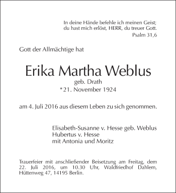 Traueranzeige von Erika Martha Weblus von Tagesspiegel