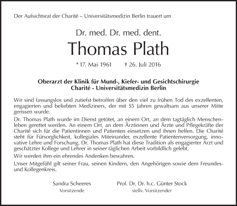  Traueranzeige für Thomas Plath vom 31.07.2016 aus Tagesspiegel