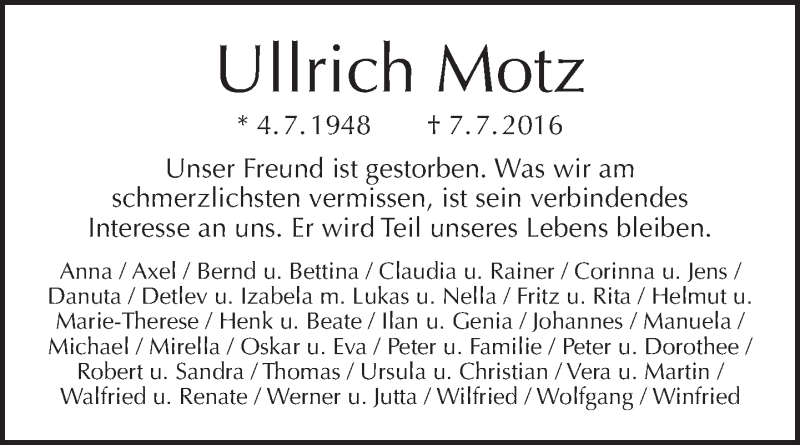  Traueranzeige für Ullrich Motz vom 17.07.2016 aus Tagesspiegel