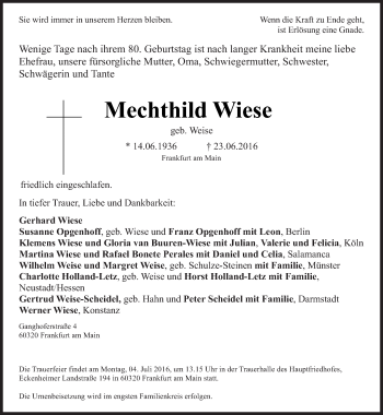 Traueranzeige von Mechthild Wiese von Tagesspiegel