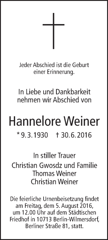 Traueranzeige von Hannelore Weiner von Tagesspiegel