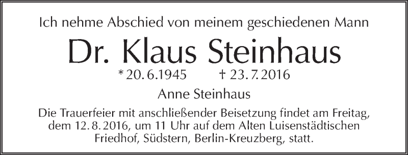  Traueranzeige für Klaus Steinhaus vom 07.08.2016 aus Tagesspiegel