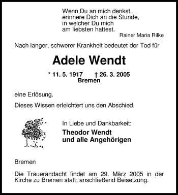 Traueranzeige von Adele Wendt 