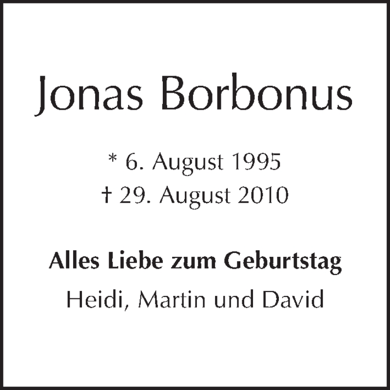  Traueranzeige für Jonas Borbonus vom 06.08.2016 aus Tagesspiegel