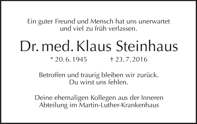  Traueranzeige für Klaus Steinhaus vom 14.08.2016 aus Tagesspiegel